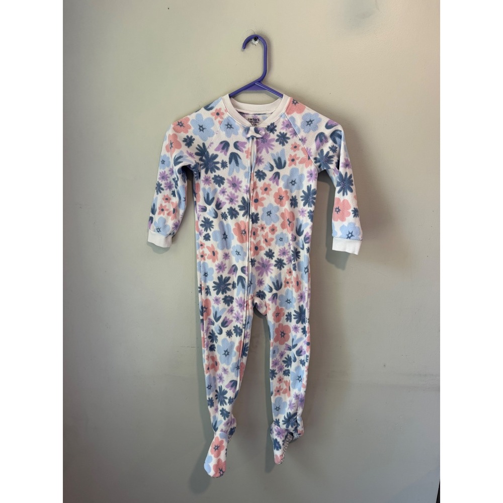Carters Child of Mine Girls 5T Fleece Footed Pajamas Floral Blue Pink Purple Zip